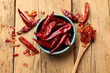 Sıcak kurutulmuş kırmızı biber kasede ve kaşık tahta masada gevrek, düz yatıyordu.