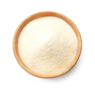 Kasedeki kuru jelatin tozu beyaza izole edilmiş, üst manzara.