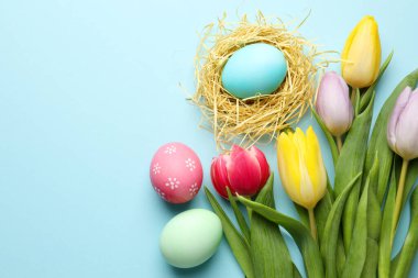 Boyanmış Paskalya yumurtaları ve açık mavi arka planda güzel laleler. Metin için boşluk