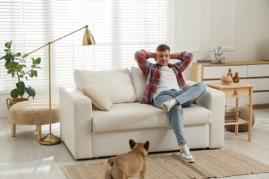 Genç adam kanepede dinleniyor ve evde sevimli bir köpek var.