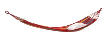 Beyaz yastıklı renkli bir hamak.