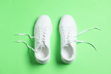 Yeşil arka planda bir çift şık spor ayakkabı, üst görünüm