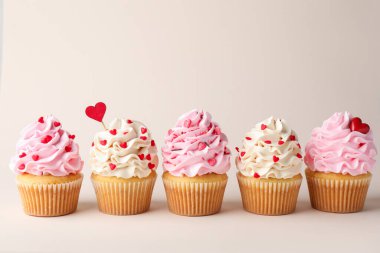 Sevgililer Günün kutlu olsun. Açık gri arka planda serpiştirilmiş lezzetli kekler, yakın plan.