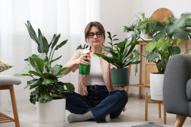 Güzel saksı bitkisine su püskürten bir kadın.