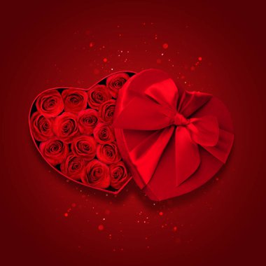 Kalp şeklinde hediye kutusunda güller ve kırmızı arka planda parlak ışıklar.