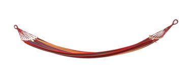 Beyazda izole edilmiş renkli bir hamak. Samimi salıncak