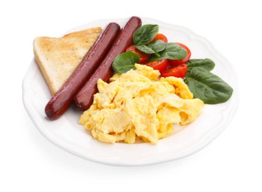 Lezzetli bir kahvaltı. Sosisli, domatesli, ıspanaklı ve kızarmış ekmekli leziz omlet.