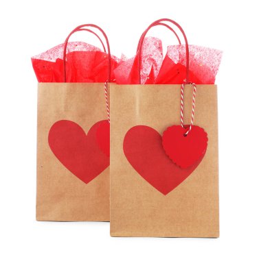 Kalpleri beyaza ayrılmış hediye paketleri. Sevgililer Günü