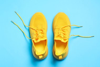 Açık mavi arka planda şık bir çift spor ayakkabı, üst görünüm.