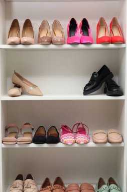 Ayakkabı deposu. Farklı ayakkabı giyimli raf ünitesi, yakın plan.