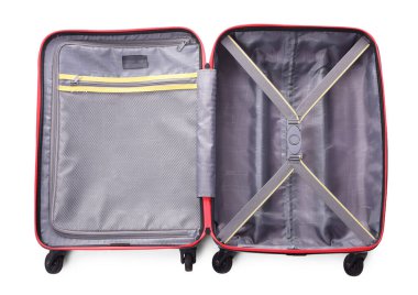 Boş bir bavul beyaz, üst görünümde izole.