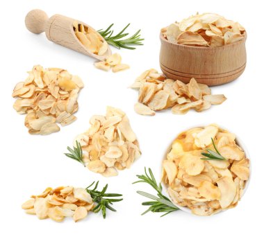 Beyaz arka planda kurutulmuş sarımsak taneleri.