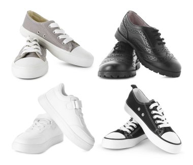 Beyazda izole edilmiş çocuklar için farklı ayakkabı koleksiyonu