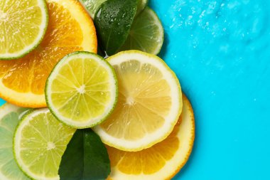 Açık mavi zemin üzerinde yeşil yapraklar ve turunçgil dilimleri. Metin için boşluk