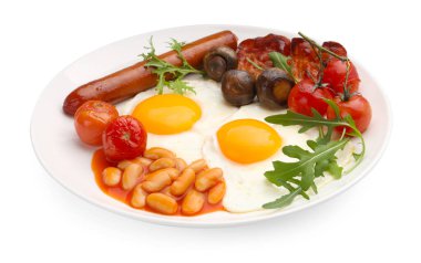 Lezzetli geleneksel İngiliz kahvaltısı beyaz üzerine izole