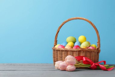 Hasır sepete boyanmış Paskalya yumurtaları ve açık mavi arka planda gri ahşap masada güzel laleler. Metin için boşluk