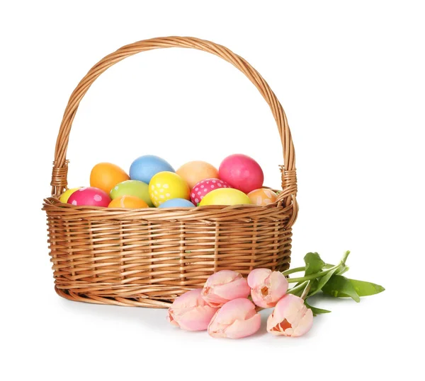 Hasır sepete boyanmış Paskalya yumurtaları ve beyaza izole edilmiş güzel laleler.