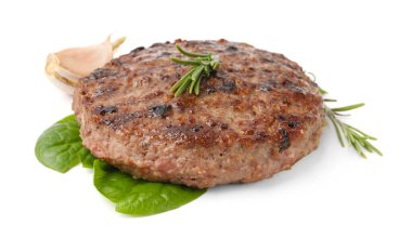 Lezzetli ızgara et köftesi, ıspanak, biberiye ve sarımsak.