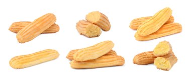 Lezzetli ekler. beyaz üzerine izole edilmiş, set. Tatlı pasta.