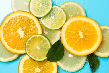 Açık mavi arka planda, sudaki yeşil yapraklar ve turunçgiller düzdü.