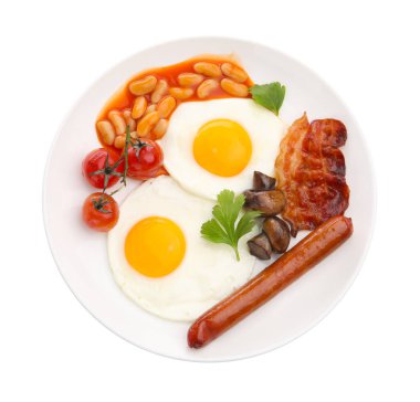 Beyaz manzaralı enfes geleneksel İngiliz kahvaltısı.