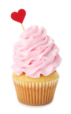 Sevgililer Günün kutlu olsun. Beyaz arka planda kırmızı kalpli lezzetli kekler.