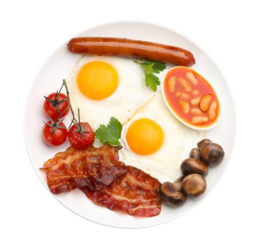 Beyaz manzaralı enfes geleneksel İngiliz kahvaltısı.