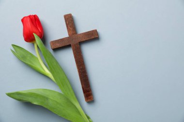 Paskalya özellikleri. Ahşap haç ve açık gri zemin üzerinde güzel lale, düz bir zemin. Metin için boşluk
