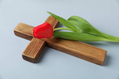 Paskalya özellikleri. Ahşap haç ve açık gri arkaplanda güzel lale, yakın plan.