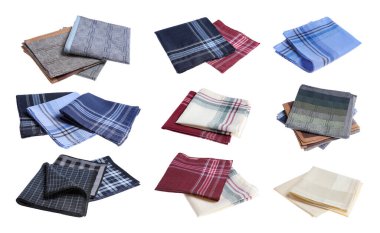 Farklı kumaştan mendiller beyaz ve sette izole edilmiş.