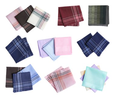 Farklı kumaştan mendiller beyaz ve sette izole edilmiş.