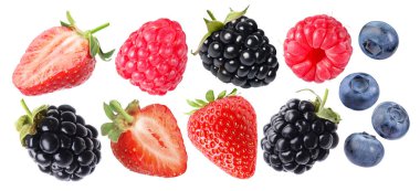 Beyaza izole edilmiş taze meyveler. Çilek, ahududu, yabanmersini ve böğürtlen seti