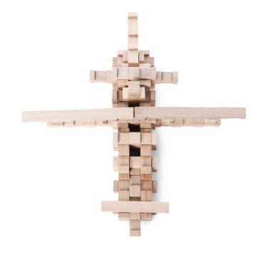 Tahta bloklardan yapılmış uçak beyazın üstünde, manzaranın üstünde izole edilmiş.