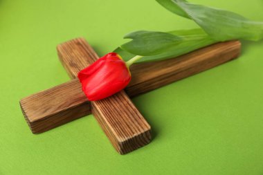 Paskalya özellikleri. Ahşap haç ve yeşil arka planda güzel lale, yakın plan.