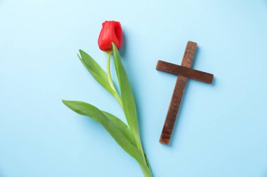 Paskalya özellikleri. Ahşap haç ve açık mavi zemin üzerinde güzel lale, düz yatıyordu.