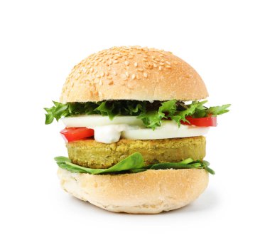 Lezzetli hamburger, vejetaryen köfte ve sebzeler beyaz üzerine izole edilmiş.