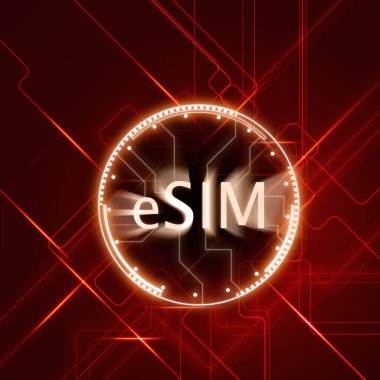 Elektronik SIM kart. Kırmızı arkaplanda sanal ESIM çipi ve devre kartı deseni