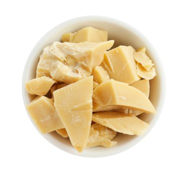 Kakaonun içindeki doğal kakao yağı beyaz, üstten görünüyor.