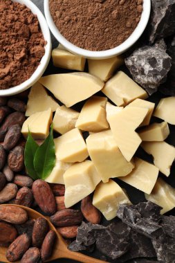 Organik kakao yağı, fasulye, çikolata parçaları, arkaplan olarak toz ve yeşil yapraklar, üst görünüm