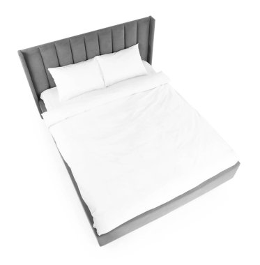 Temiz çarşafları olan büyük bir yatak, beyazın üstünde, manzaranın üstünde.