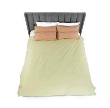 Temiz çarşafları olan büyük bir yatak, beyazın üstünde, manzaranın üstünde.