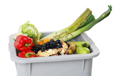 Çöp tenekesindeki çöpler beyazda izole edilmiş. Atık sıralama