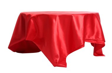 Beyaz üzerine izole edilmiş şık kırmızı ipek kumaşlı masa