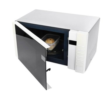 Çağdaş mikrodalga fırında pilav ve tavukla bembeyaz