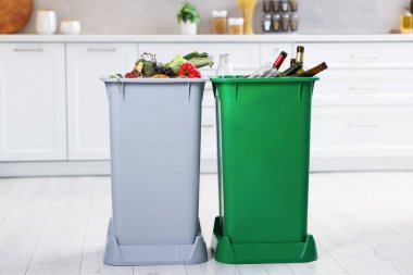 Mutfaktaki çöp bidonlarında. Atık sıralama