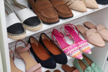 Ayakkabı deposu. Farklı ayakkabı giyimli raf ünitesi, yakın plan.