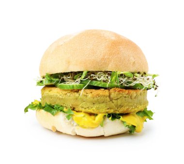Lezzetli hamburger, vejetaryen köfte ve sebzeler beyaz üzerine izole edilmiş.