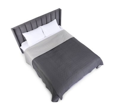 Temiz çarşafları olan büyük bir yatak, beyazın üstünde, manzaranın üstünde.