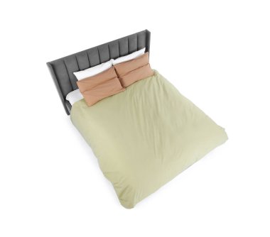 Temiz çarşafları olan büyük bir yatak, beyazın üstünde, manzaranın üstünde.