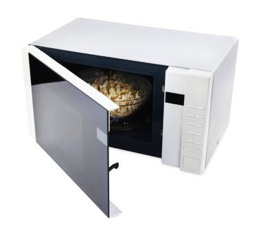 Beyaz üzerine izole edilmiş patlamış mısırlı modern mikrodalga